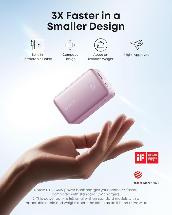 Anker Nano Portable Charger, 10,000mAh 45W Max Compact Power Bank, Travel Essential Phone Battery Pack with 2.3 ft InstaCord Retractable Cable for iPhone 17/16 Series, iPad, Galaxy, and More (Pink)
