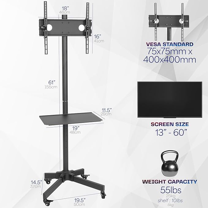 VIVO Mobile TV Cart for 13 to 60 inch Screens up to 55 lbs, LCD LED OLED 4K Smart Flat and Curved Panels, Rolling Stand with Laptop DVD Shelf, Locking Wheels, Max VESA 400x400, Black, STAND-TV04M