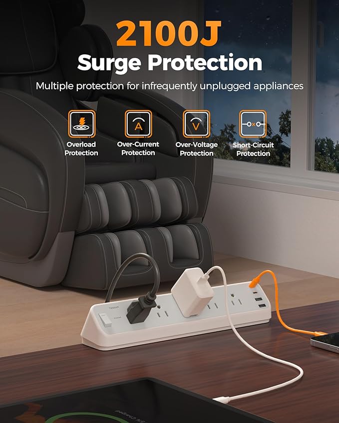 TESSAN Desk Clamp Power Strip 6 Ft, 2100J Surge Protector, 5 Outlets and 4 USB Ports (2 USB C), 1875W, 15A, Flat Plug Extension Cord with Multiple Outlets for Gaming Home Office Dorm Room