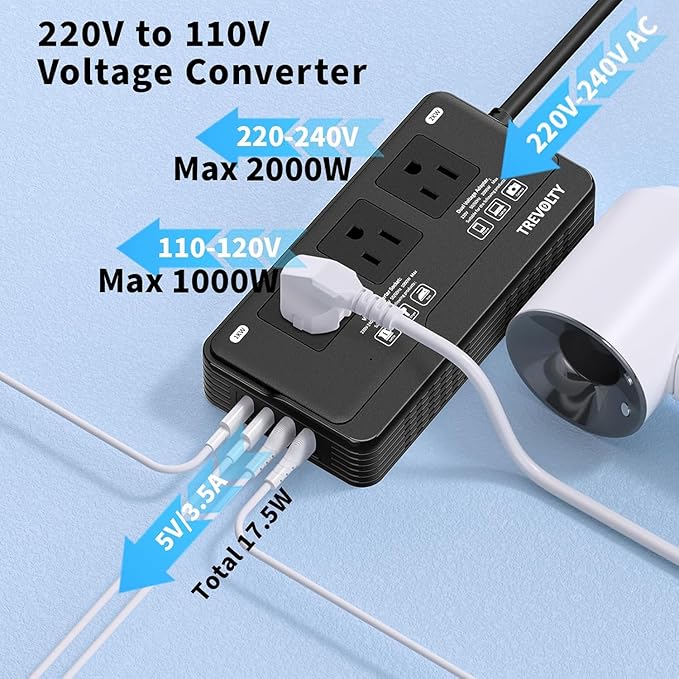 TREVOLTY 2000W Voltage Converter US to Europe for Hair Dryers, 7-in-1 220V to 110V Converter for European Travel with 3 AC/2 USBA/2 USBC Ports, Universal Power Converter Adapter Combo EU/UK/IT/AU Plug