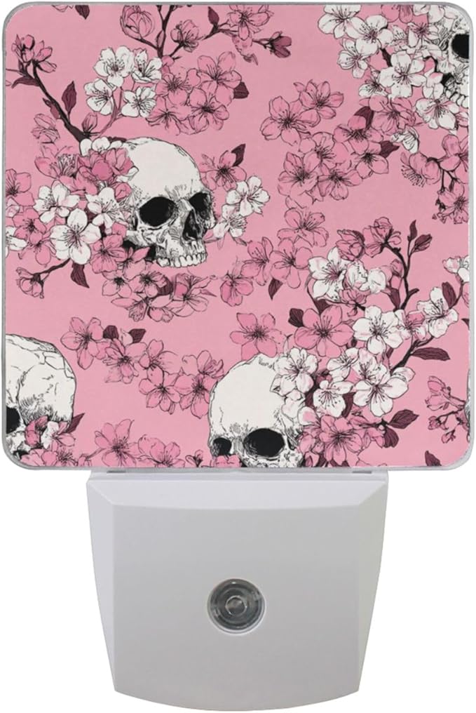 Pigsaly Led Night Light Pink Cherry Blossoms White Skulls Night Light Plug in Wall Lamp Smart Dusk to Dawn Sensor Nightlight Led Lamp Energy Saving Lights Gift for Kids Room Bedroom Bathroom Hallway