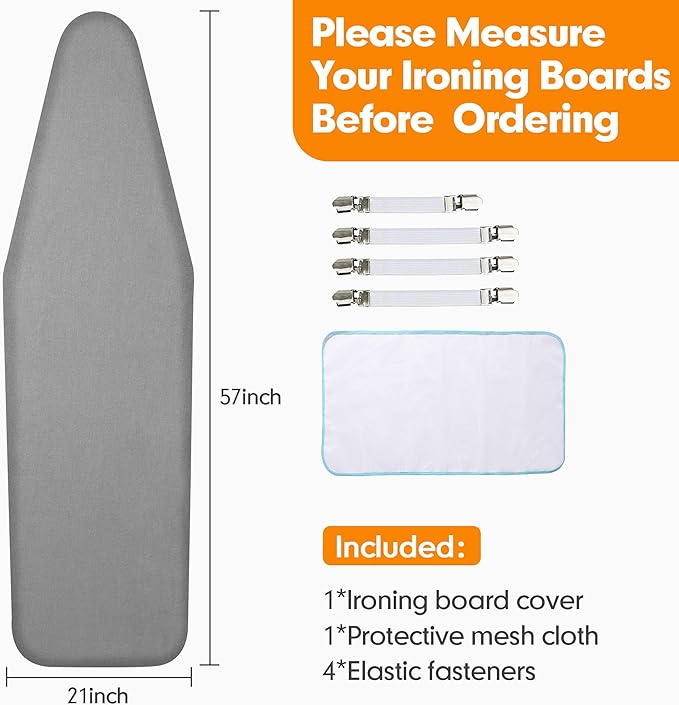 Ironing Board Cover and Pad, 21x54 Extra Large Thick Iron Padding, Scorch & Stain Resistant Ironing board cover, Heavy Duty Iron Board Padded with Adjustable Fasteners Durable Elastic Edge, Grey