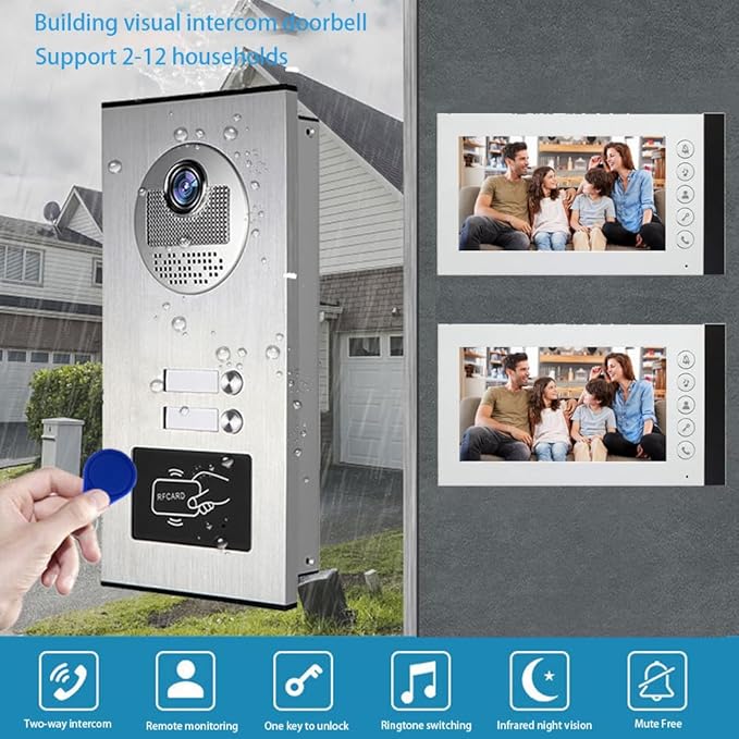 ANJIELO SMART Wired Video Multifamily Apartment Intercom System,2/3/4/6/8/10/12 Units 7 inch Monitor Video Door Phone Kit,Video Doorbell, ID Card Unlock, 2 Way Audio for Home (1 doorbell + 2 Monitor)