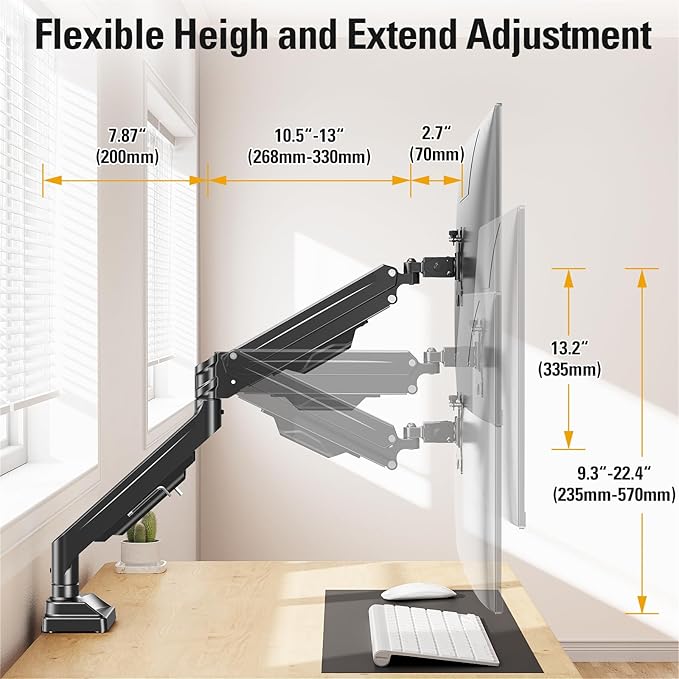 DreamAxis Heavy Duty Single Monitor Arm for 13-42" Ultrawide Screen, Adjustable Monitor Mount with Tilt Rotation Swivel, Gas Spring Desk Mount Bracket with Clamp/Grommet, Holds 33lbs, Max VESA 100x100