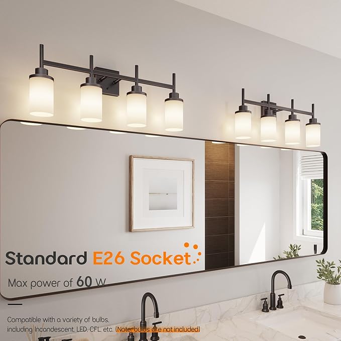 AONEON Bathroom Light Fixtures 4-Light Bathrom Vanity Lightings with White Frosted Glass Shade, Oil Rubbed Bronze Wall Lamps Over Mirror T001ORB-L4