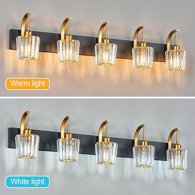 FDPBY Modern Bathroom Vanity Light, 5-Light Black Gold Wall Sconce with Crystal Accents, Over Mirror Bathroom Lighting Fixture, 42.52" Long Dimmable Vanity Lamp for Makeup, Easy Installation