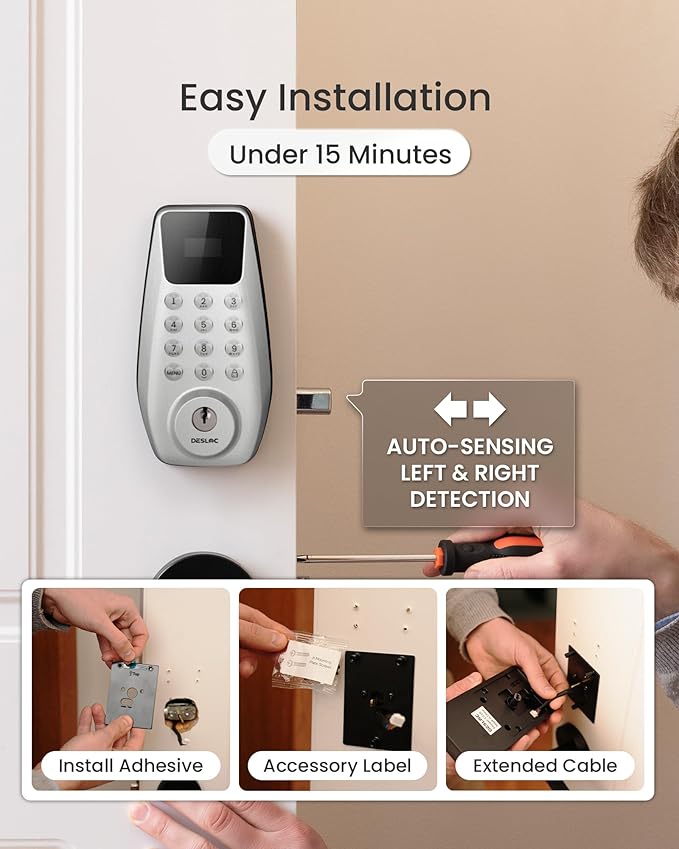 DESLOC C100 Plus Built-in WiFi Smart Lock, Keyless Entry Door Lock with Display, Keypad Deadbolt for Front Door, App Remote Control, Anti-Peeping Password, BHMA Grade 3, Silver