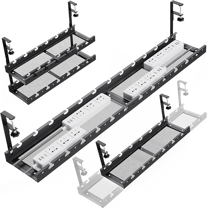 WIGAKDRU 31Inch Extendable Under Desk Cable Management Tray Multi-Model Metal Cable Management Tray Under Desk Cord Management with Clamp Power Strip Cord Holder for Wire Cable Management
