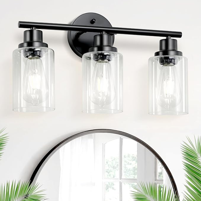 Guliaofo 3-Light Black Vanity Lights, E26 Modern Bathroom Light Fixtures with Clear Glass Shade, Wall Lamps for Mirror Kitchen Hallway Cabinet Living Room Sconces Lights