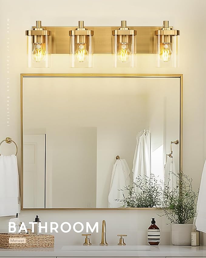 METWET Bathroom Light Fixtures, 25" Brushed Gold Vanity Light, 4-Light Modern Wall Sconces with Square Clear Glass Shade, Vanity Lighting Fixtures Over Mirror, VL194-BG-4