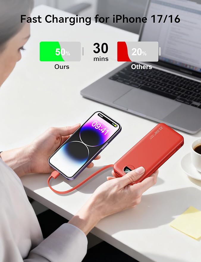 Ultra-Portable-Charger-Power-Bank with Built in Cables&AC Wall Plug,12000mAh PD20W USB-C Fast Charging Cell Phone Charger Battery Pack,LED Display Travel Battery Bank for All iPhone,Samsung,Android
