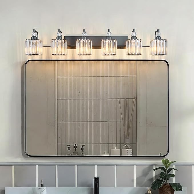 BBLLWJ 6 Light Bathroom Vanity Light Modern Black Vanity Light Fixtures Bathroom Light Fixtures Over Mirror Crystal Vanity Lighting Fixtures