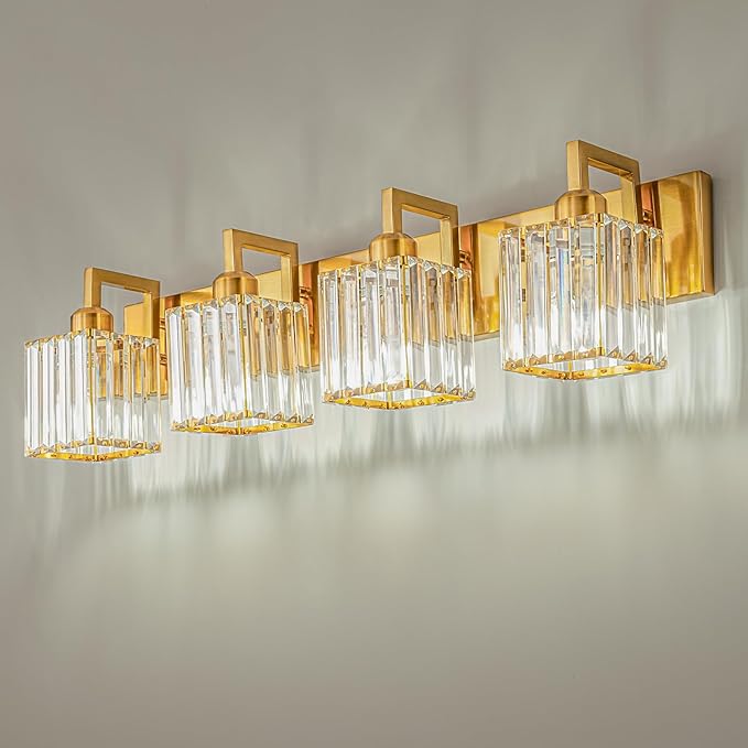 FDPBY Modern Crystal Bathroom Vanity Light 4-Lights Gold Brushed Brass Finish Modern Crystal Wall Lamp Bathroom Vanity Lighting