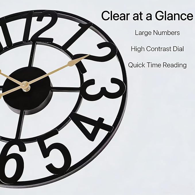 Alarmore Wall Clocks for Living Room Decor, Silent Wall Clock Battery Operated, Mid Century Rustic Farmhouse Black Metal Skeleton Large Clocks for Kitchen, Bedroom, Dining Room-18 in