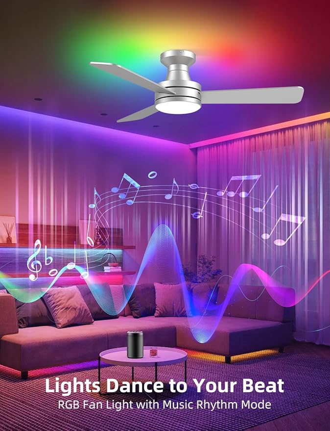 Homlit 42" RGB Ceiling Fan with Light, Music Sync Smart Fan with Alexa/Google/App Control, Low Profile Flush Mount, 6-Speed Quiet DC Motor, 4 CCT Dimmable Lighting for Bedroom Living Room, Silver