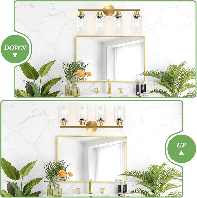 Guliaofo 4-Light Gold Bathroom Light Fixtures, E26 Modern Vanity Lights for Bathroom with Clear Glass Shade, Wall Lamps for Mirror Hallway Kitchen Cabinet Living Room Sconces Lights