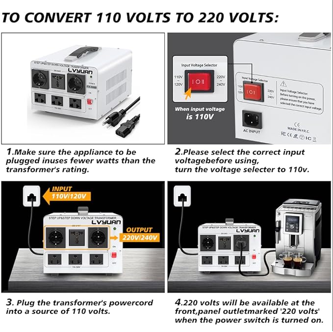 LVYUAN Heavy Duty 5000W Watt Voltage Transformer Converter Step Up/Down Converter 110/120 Volt - 220/240 Volt with 3 US,2 European,1 Universal Outlets and CE Certified,Circuit Break Protection