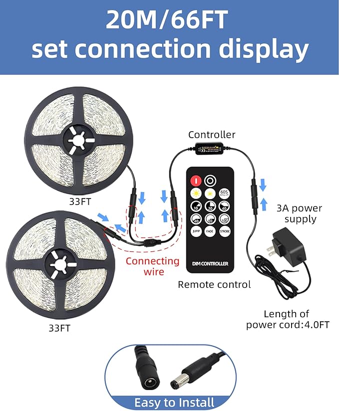 JNGMAIR 66ft LED Strip Lights with Remote, 6500K Daylight White Dimmable Tape Lights, 12V 1200 LEDs 2835 Strong Adhesive Rope Lights for Cabinet Kitchen Ceiling Closet Vanity Mirror Stairway Basement
