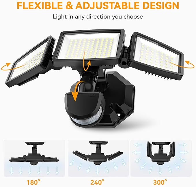 PURICH LED Security Lights Motion Sensor Light Outdoor, 7000LM, 6500K, Waterproof, Flood Light Outdoor Motion Detector with Adjustable 3 Head, Hardwired Wall Light for Entryway, Yard, Garage (2)
