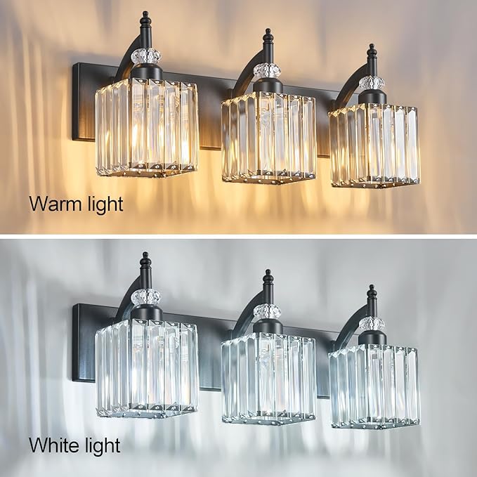 BBLLWJ Modern Bathroom Vanity Light 3-Light Black Crystal Light Fixtures Over Mirror for Bathroom Wall Sconce