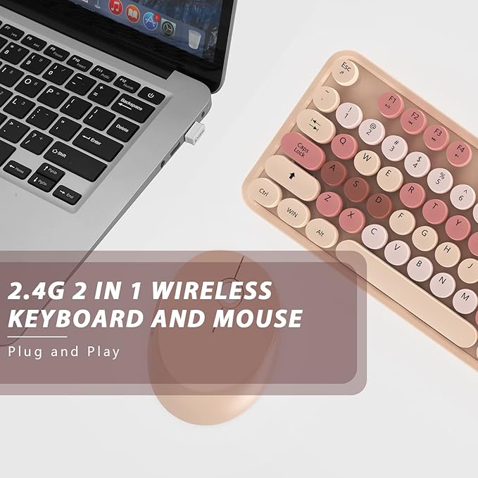Wireless Keyboard and Mouse, KOOTOP Cute Keyboard and Mouse, 2.4G Wireless Keyboard with Retro Round Keycap for PC, Mac, Laptop,Computer Windows (Milk Tea)