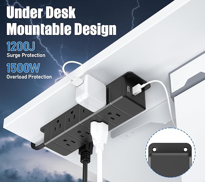 45W USB-C Fast Charging Under Desk Power Strip,12 Outlet Mountable Power Strip with 4 USB,1200J Surge Protection,10FT Flat Extension Cord Black