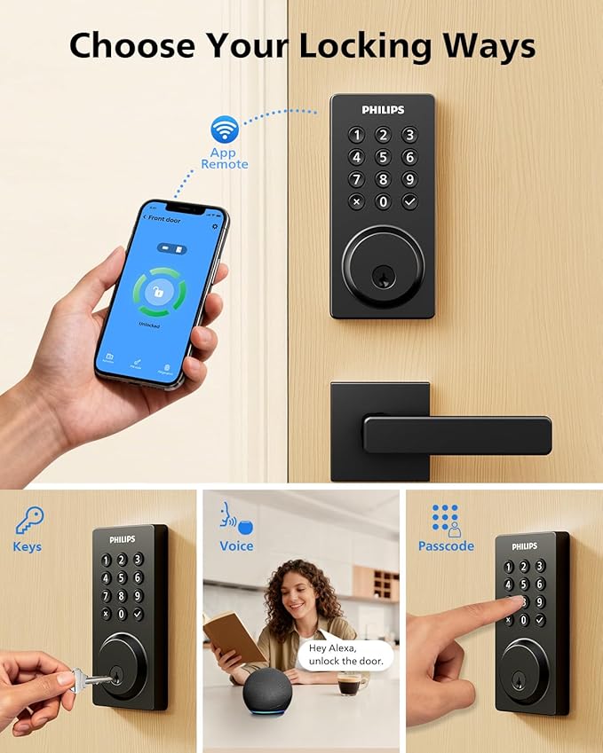 Philips Wi-Fi Smart Door Lock, Keyless Entry Door Lock with App Control,Fingerprint ID,Auto Lock,Keypad Deadbolt with Wi-Fi Bridge Adaptor,Smart Locks for Front Door-Satin Nickel