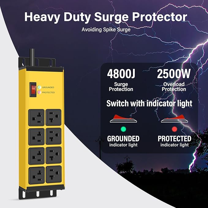 CCCEI Magnetic Heavy Duty Power Strip Surge Protector 20Amp, 12 Gauge High Amp Extension Outlets, Garage Wall Mount 8 Plug Metal Power Strip. 10FT, Yellow, 5-15P Adapter 6-20R T-Slot 20a for Appliance