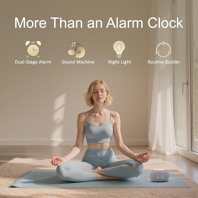 Hotmoon Alarm Clock with Sound Machine for Sleep, Luna Pro Dual-Stage Alarm, 507 Non Looping Sounds, Smart Night Light & Timer, Pink Green Brown White Noise Machine for Sleeping, Plug in, Cool Gray