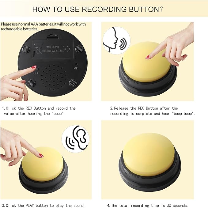Voice Recording Button, Dog Buttons for Communication Pet Training Buzzer, 30 Second Record & Playback, Funny Gift for Study Office Home 4 Packs