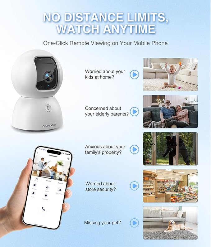 CINMOORE 3K Indoor Camera with 64GB Card, Human/Pet/Facial AI Detection, Dog/Cat/Pet Camera Indoor with Phone APP, 5GHz 2.4GHz Dual Band Wi-Fi 6, 360 Pan Tilt Auto Tracking, Night Vision, 2-Way Talk