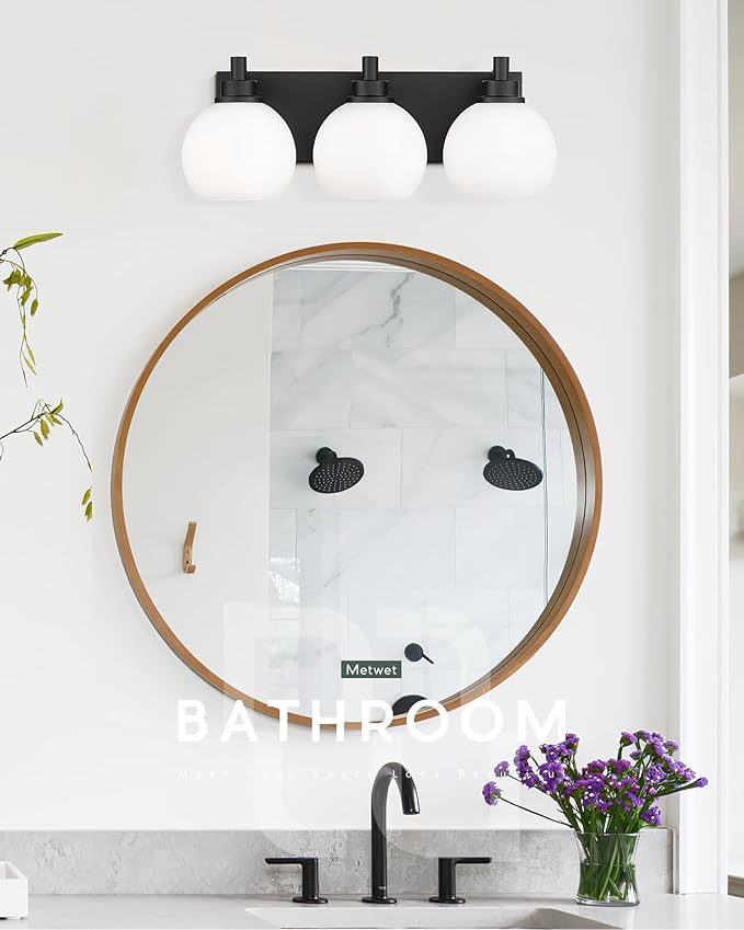 METWET Bathroom Light Fixtures, 3-Light Matte Black Vanity Light, Modern Wall Sconces with Milk White Globe Glass Shade, Vanity Lighting Fixtures Over Mirror, VL195-MB-ML-3