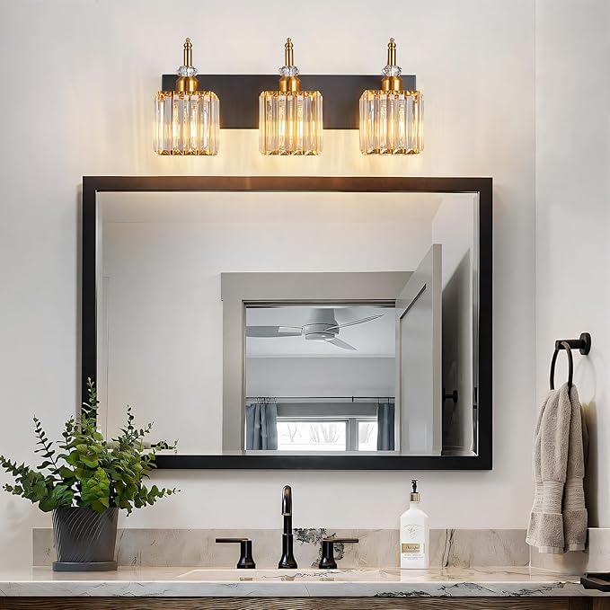 BBLLWJ Modern Bathroom Vanity Light 3-Light Black and Gold Crystal Light Fixtures Over Mirror for Bathroom Wall Sconce