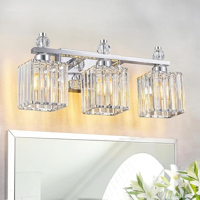 FDPBY Bathroom Vanity Lights 3-Light Modern Crystal Vanity Light Chrome Bathroom Light Fixtures Over Mirror Crystal Bathroom Vanity Lighting Fixtures