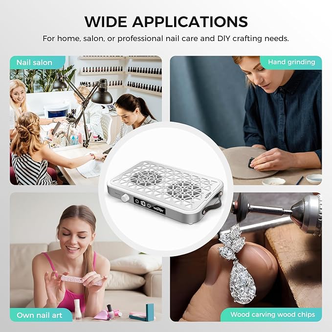 Woput Nail Dust Collector, 1600PA Professional Nail Vacuum Dust Collector Fan with Filter Papers (30 Pcs) for Acrylic Nail Polishing & Manicure at Nail Salon & Home - White