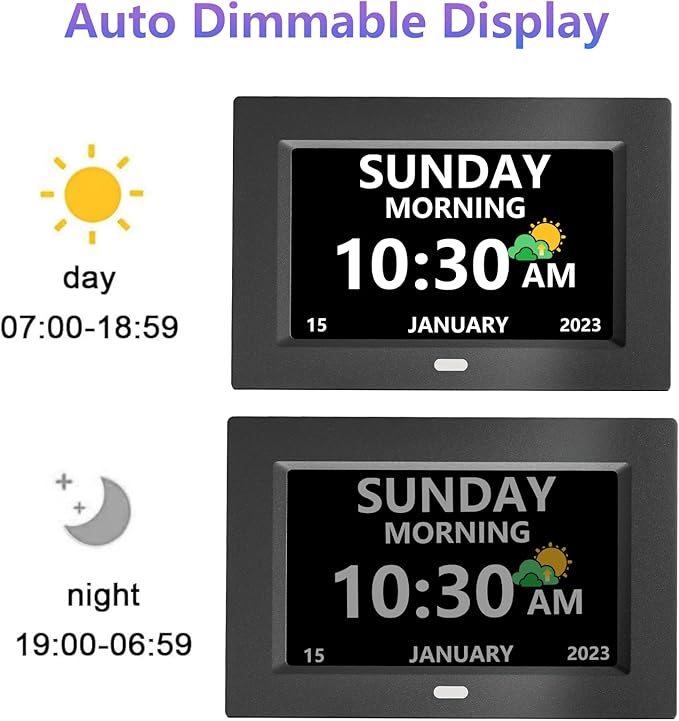 MRCHYDZ 7 Inch Clock with Day and Date for Elderly Large Display Digital Clocks 12 Alarms 3 Display Modes Large Font Alzheimer's Clock Alarm Clocks for Seniors Auto DST Black