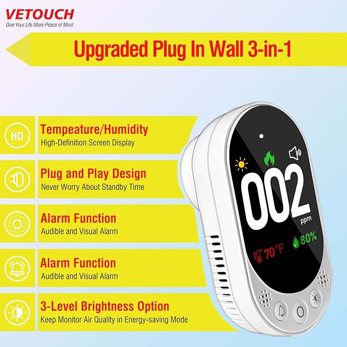 VETOUCH Plug-in Carbon Monoxide Detector with Digital Color Display CO Detector for CO, Temperature & Humidity, 85dB Loud Alert, Self Test Function vetouch CO Detector, for Home, Bedroom, Kitchen, RV