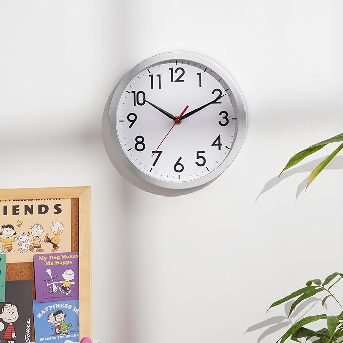 AKCISOT Wall Clock, Modern Small Wall Clocks Battery Operated 8 Inch, Silent Non-Ticking Analog Classic for Office, Home, Bathroom, Kitchen, Bedroom, School(Silver)