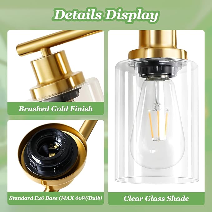 Guliaofo 4-Light Gold Bathroom Light Fixtures, E26 Modern Vanity Lights for Bathroom with Clear Glass Shade, Wall Lamps for Mirror Hallway Kitchen Cabinet Living Room Sconces Lights