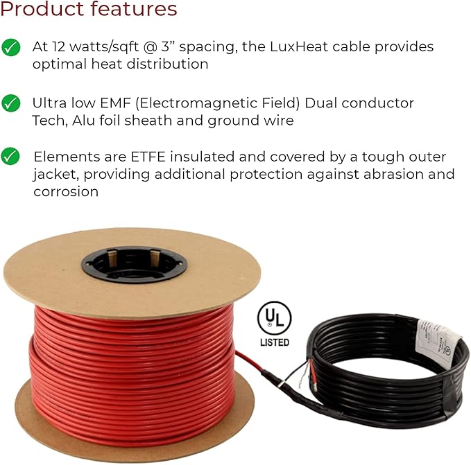 LuxHeat 60sqft Floor Heating Cable Kit - 240v Tile Floor Heating Kit - Heated Flooring System Includes UDG4 Programmable Thermostat w/GFCI, Heated Cable, Strapping, Flooring Sensor & Alarm