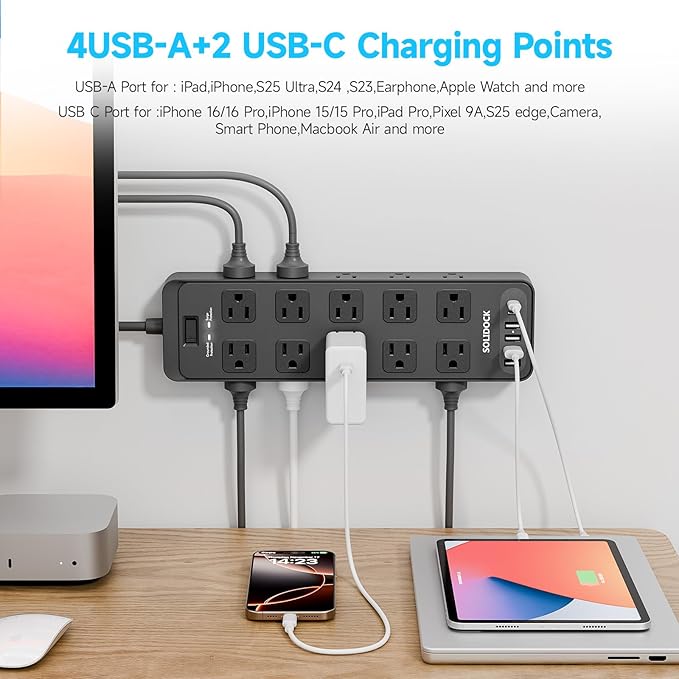 Solidock Flat Plug Power Strip Surge Protector with 20 AC Outlets 6 USB Ports, 1875W/15A, 2700 Joules, 6 Ft Heavy Duty Extension Cord with Multiple Outlets for Home, Office, Dorm, Gaming,ETL Listed