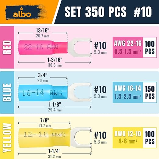 ALBO 350PCS Heat Shrink Fork Spade Connectors Kit #10 – 22-10 AWG Tinned Copper Terminals, Waterproof Wire Terminal Connector Assortment for Automotive, Marine, Speaker & Electrical Wiring