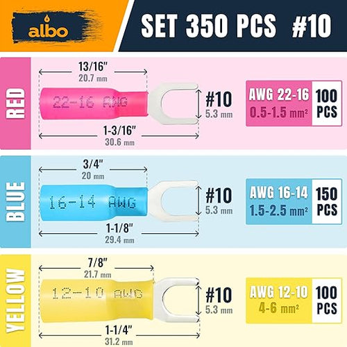 ALBO 350PCS Heat Shrink Fork Spade Connectors Kit #10 – 22-10 AWG Tinned Copper Terminals, Waterproof Wire Terminal Connector Assortment for Automotive, Marine, Speaker & Electrical Wiring