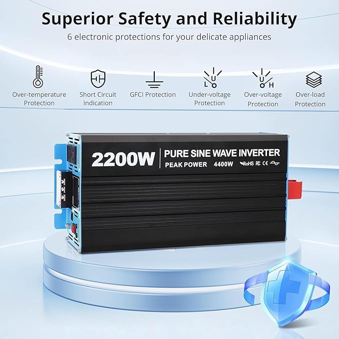 2200W Pure Sine Wave Inverter,1 USB Port 5v/2.4a,LCD Display&Remote Controller for Home, RV, Truck