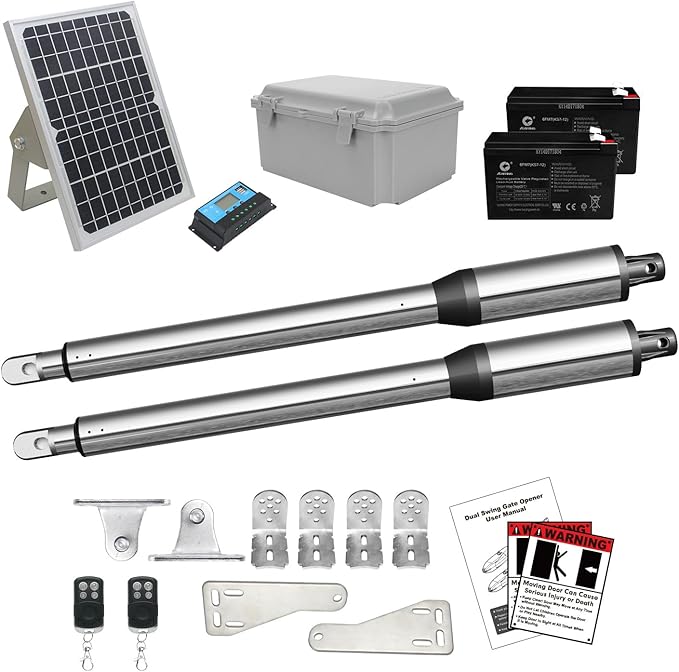 JUJIANG C01 Solar Gate Opener with Batteries & Solar Panel for Dual Swing Gates Up to 440lb 12FT per Arm Automatic Gate Opener with Remote Complete Kit Light Duty Automatic Gate Openers Solar Powered