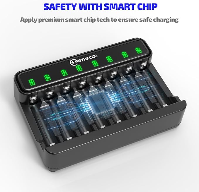 PEYHFCCE AA AAA 8 Bay Battery Charger with High-Speed Charging, Independent Slot for 1.2V Ni-MH Rechargeable Batteries