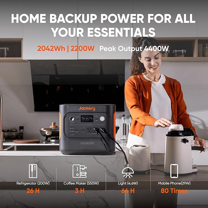 Jackery Solar Generator 2000 v2 with DC-DC Alternator Charger, 2042Wh/2200W LiFePo4 Portable Power Station, 20ms UPS Home Backup, USB-C PD 100W Fast Charging for Power Outages, Emergencies, Camping