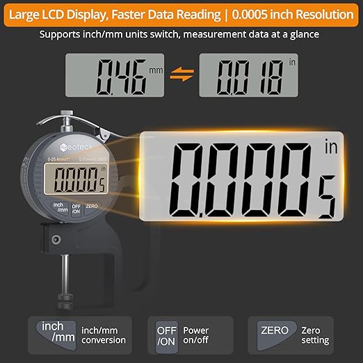Neoteck Digital Thickness Gauge 1inch/25.4mm,0.0005inch/0.01mm LCD Display with Inch/MM Conversion One-Hand Quick Press Thickness Measuring Tool for Leather Paper Fabric Film etc.-Silver-Grey