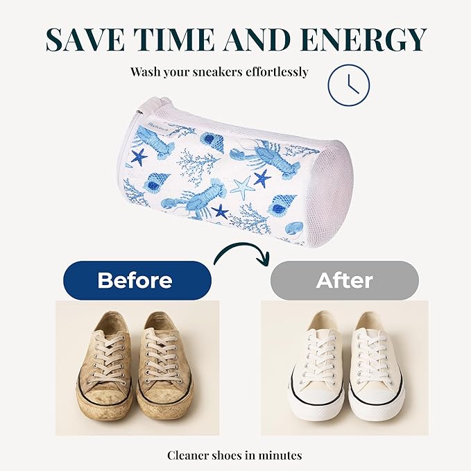 Shoe Washing Machine Bags (2-Pack) with Sneaker Brush – Deep Clean & Protection Thick Chenille Shoe Laundry Bags for Sneakers, Tennis & Casual Shoes, Travel & Storage | Ocean Print | Bluehome
