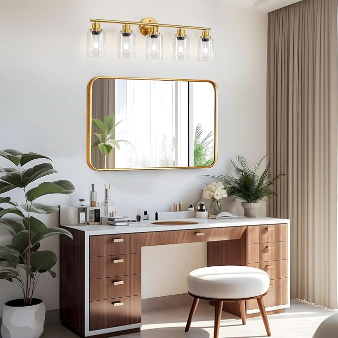 Guliaofo 5-Light Bathroom Vanity Lights, E26 Modern Brushed Gold Bathroom Light Fixtures with Clear Glass Shade, Mirror Kitchen Hallway Cabinet Living Room Sconces Wall Lights